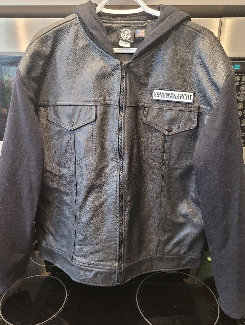 Men's Large Sons Of Anarchy Black Faux Leather-Cotton Hooded Bomber Jacket